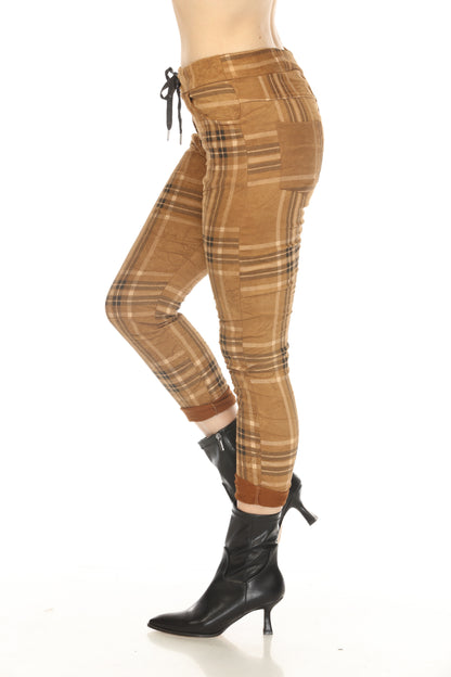 Rust Plaid Stretchable Pant With Drawstring