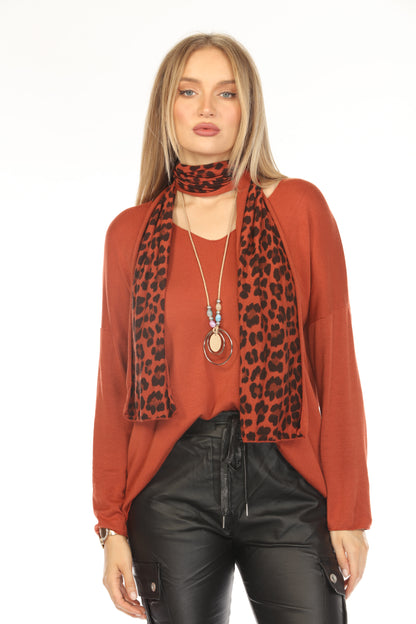 Rust Top With Leopard Print Scarf