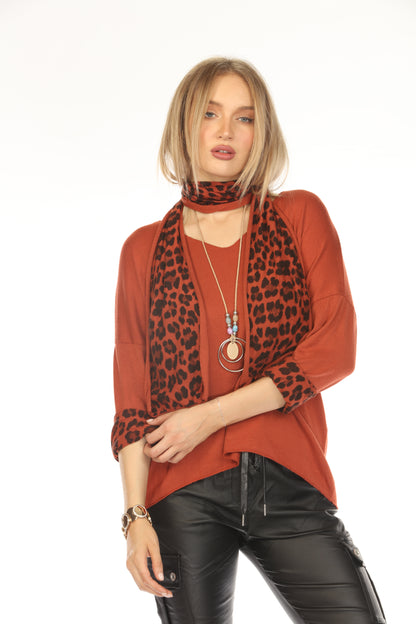 Rust Top With Leopard Print Scarf