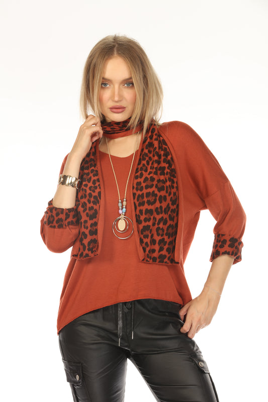Rust Top With Leopard Print Scarf