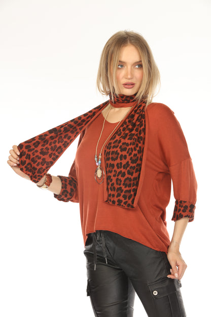 Rust Top With Leopard Print Scarf
