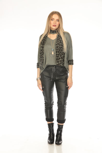 Olive Top With Leopard Print Scarf
