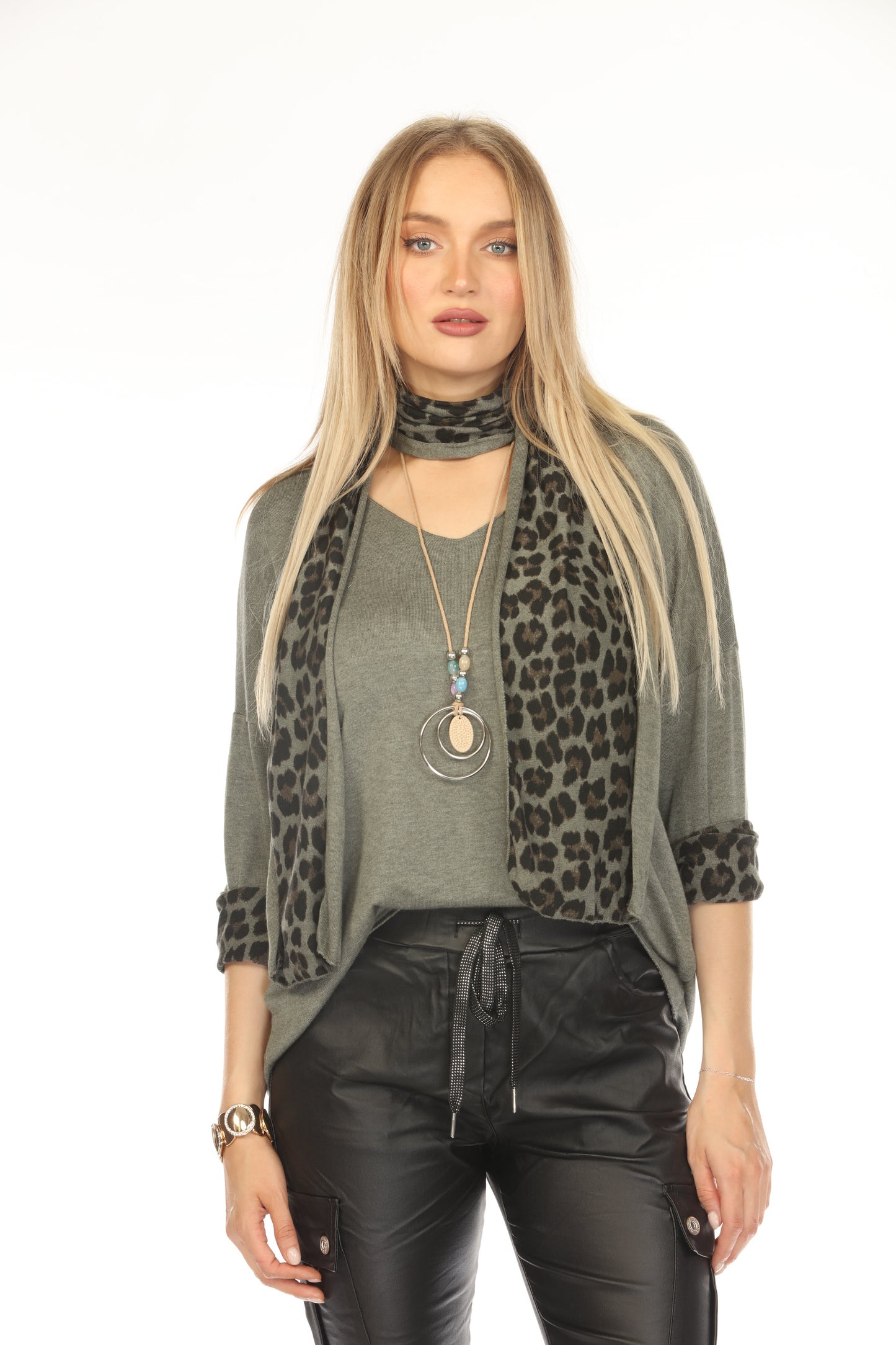 Olive Top With Leopard Print Scarf