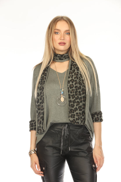 Olive Top With Leopard Print Scarf