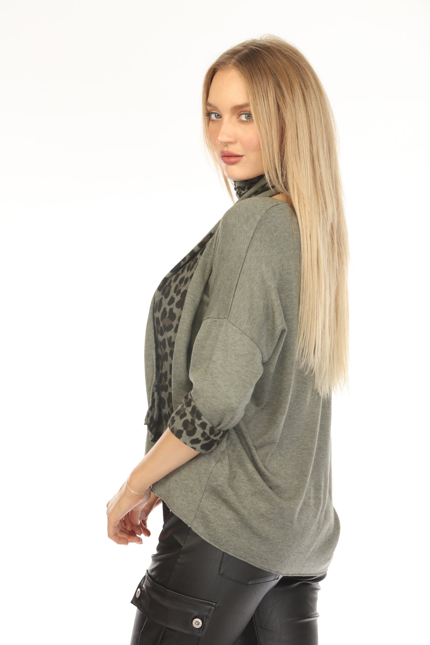 Olive Top With Leopard Print Scarf