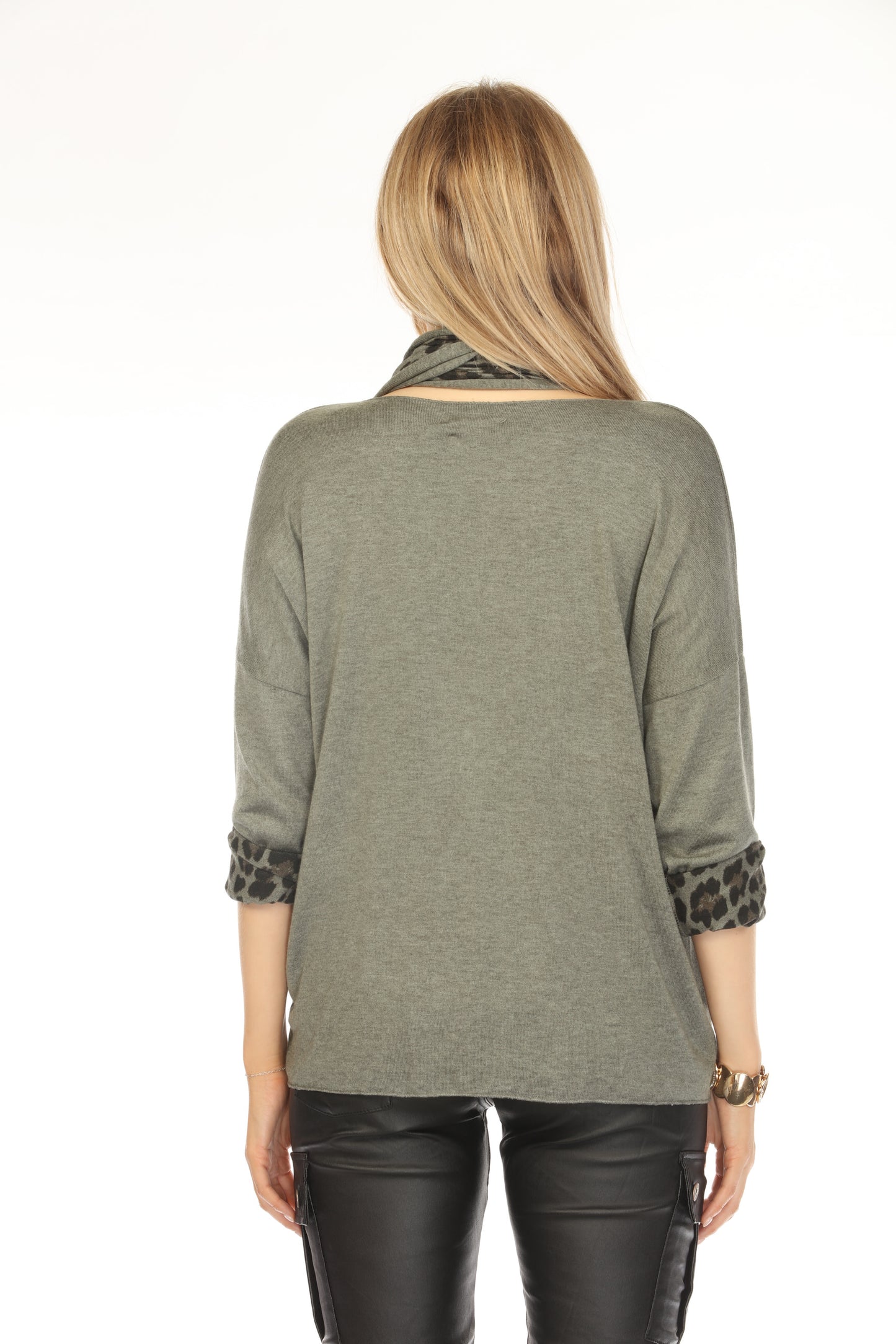 Olive Top With Leopard Print Scarf
