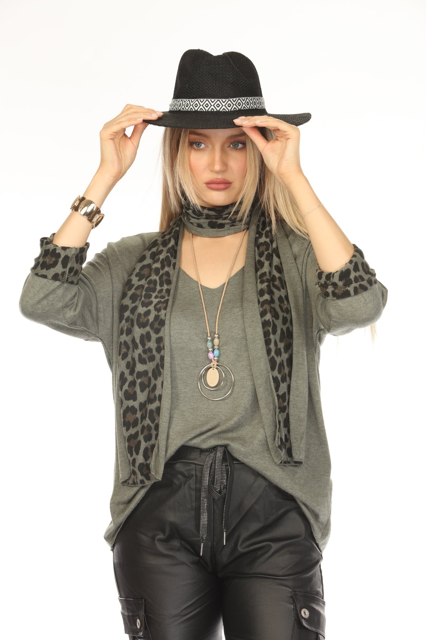 Olive Top With Leopard Print Scarf