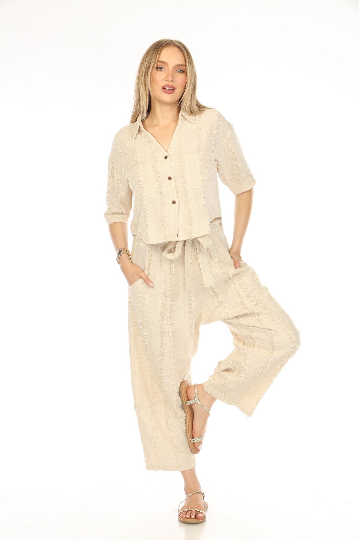 Beige Fringe Crop battened Top