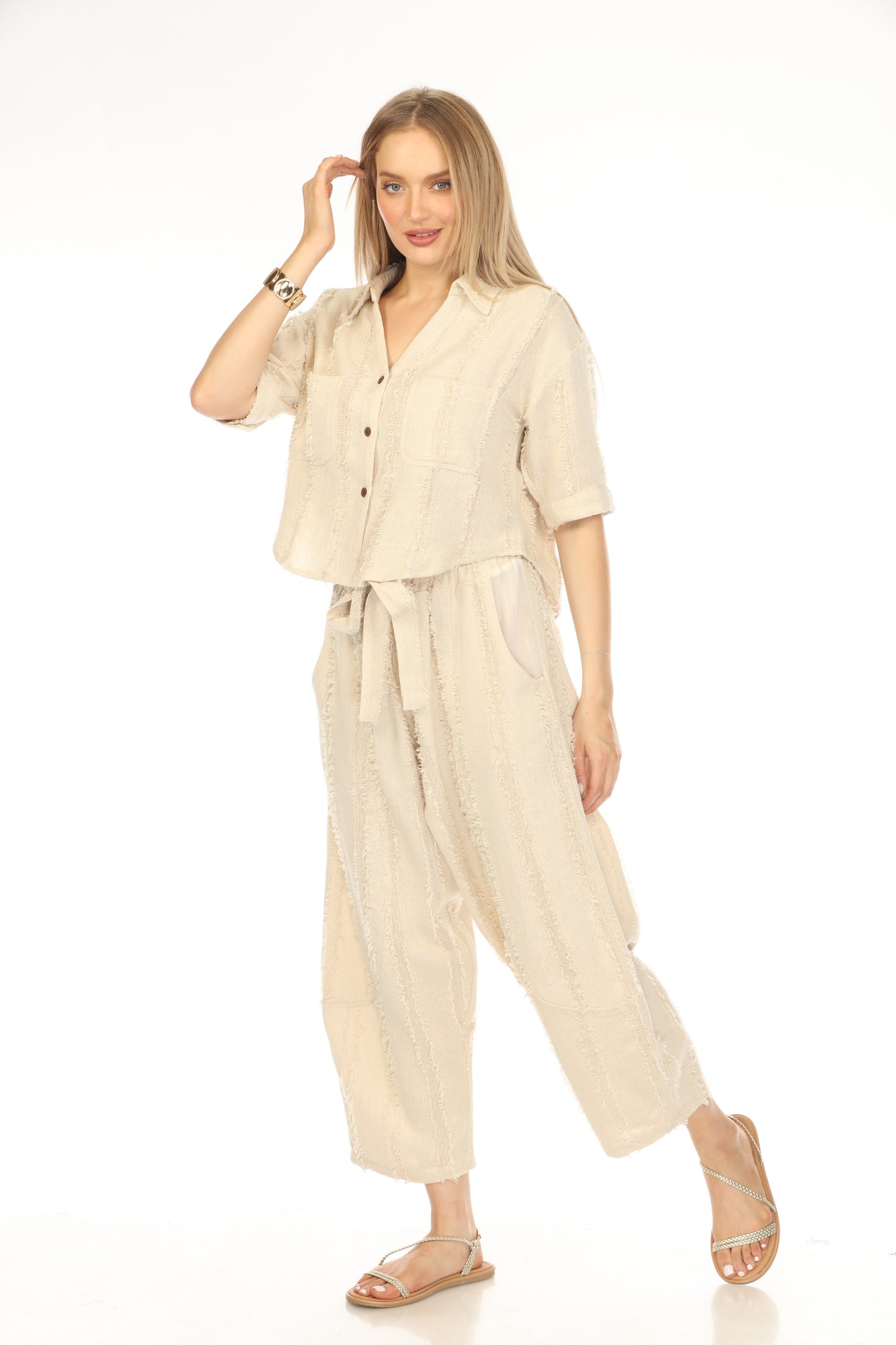 Beige Fringe Crop battened Top