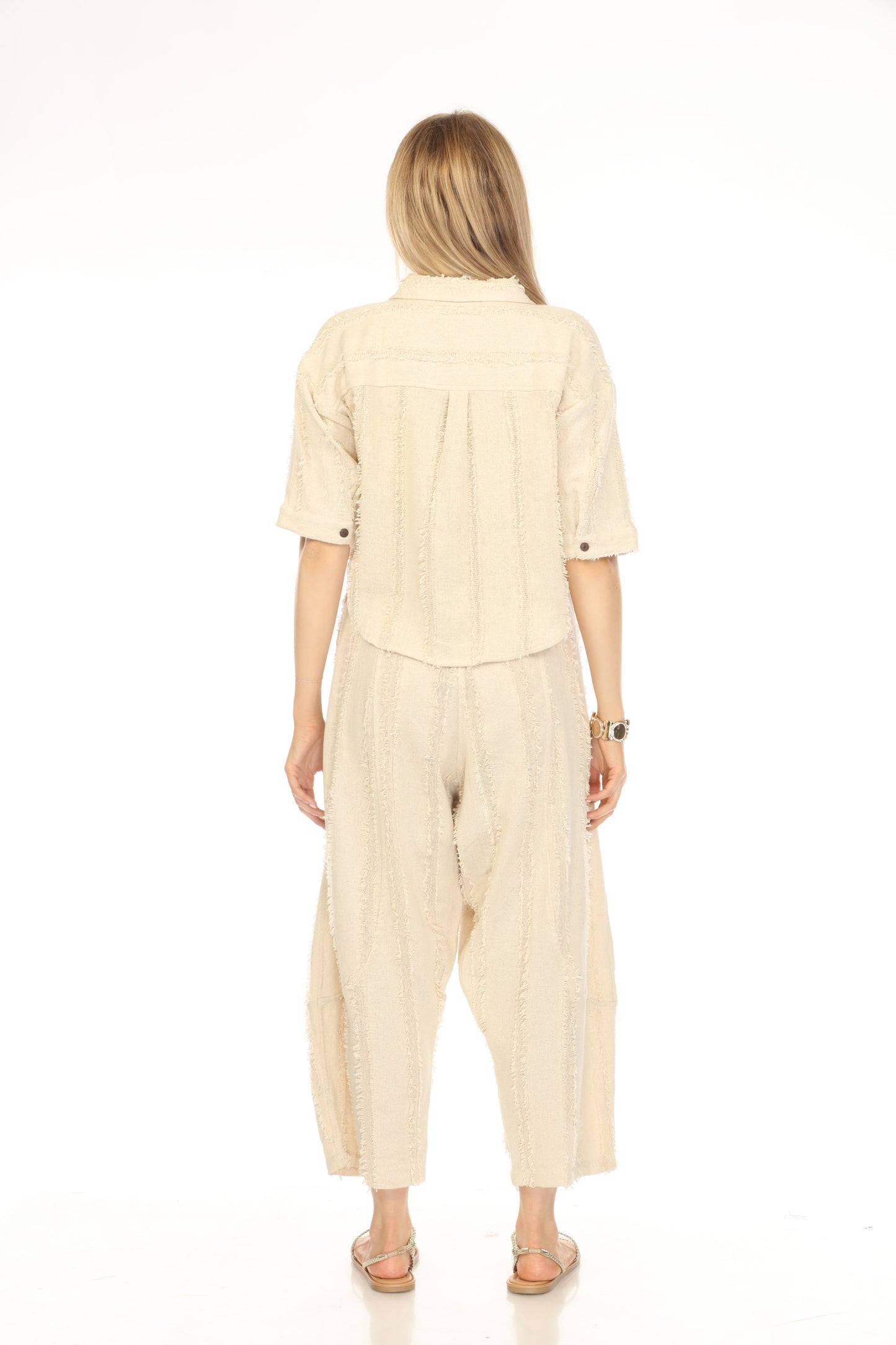 Beige Fringe Crop battened Top