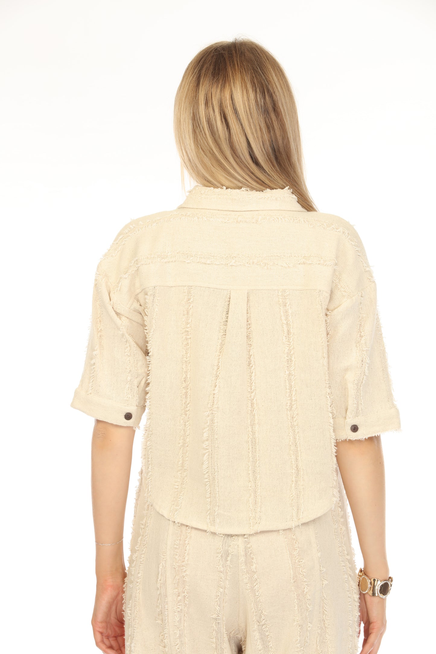 Beige Fringe Crop battened Top