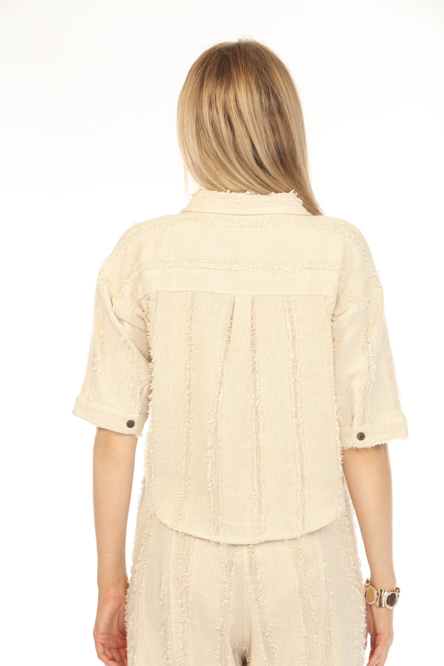 Beige Fringe Crop battened Top