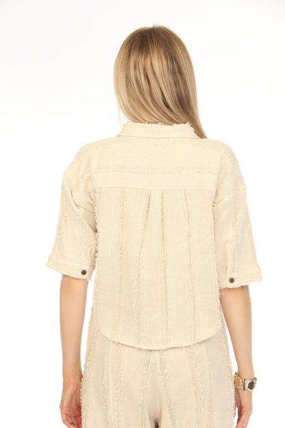 Beige Fringe Crop battened Top
