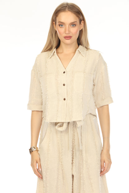 Beige Fringe Crop battened Top