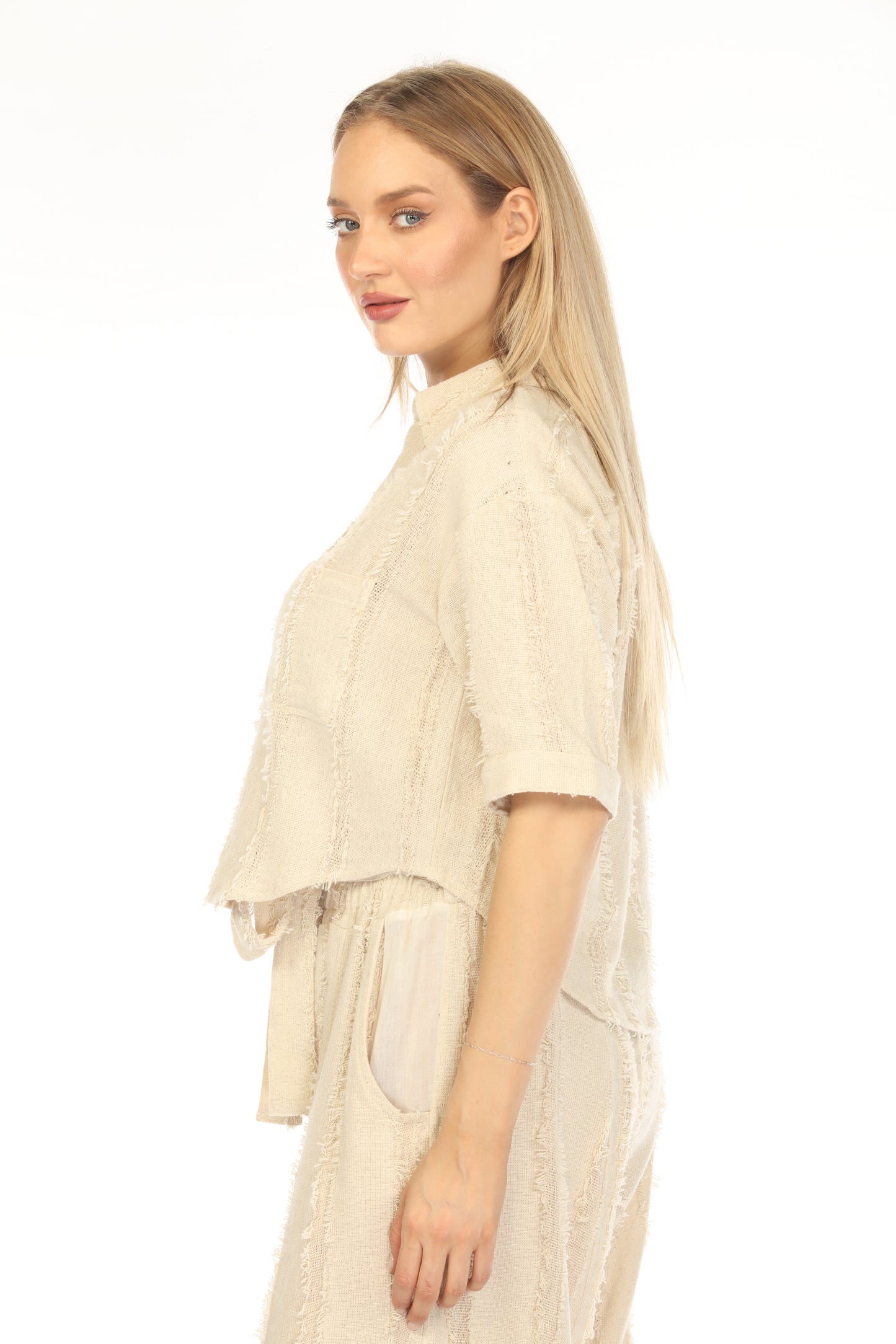 Beige Fringe Crop battened Top