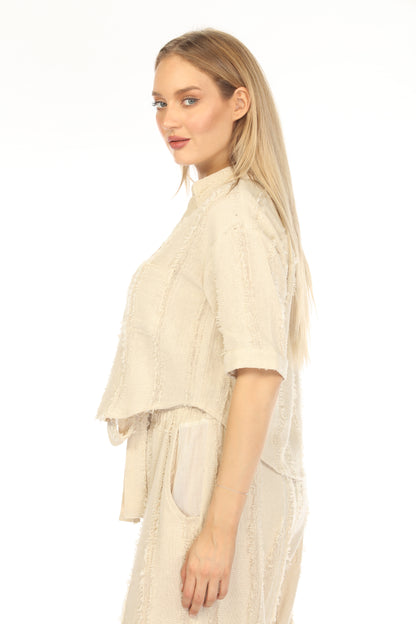 Beige Fringe Crop battened Top