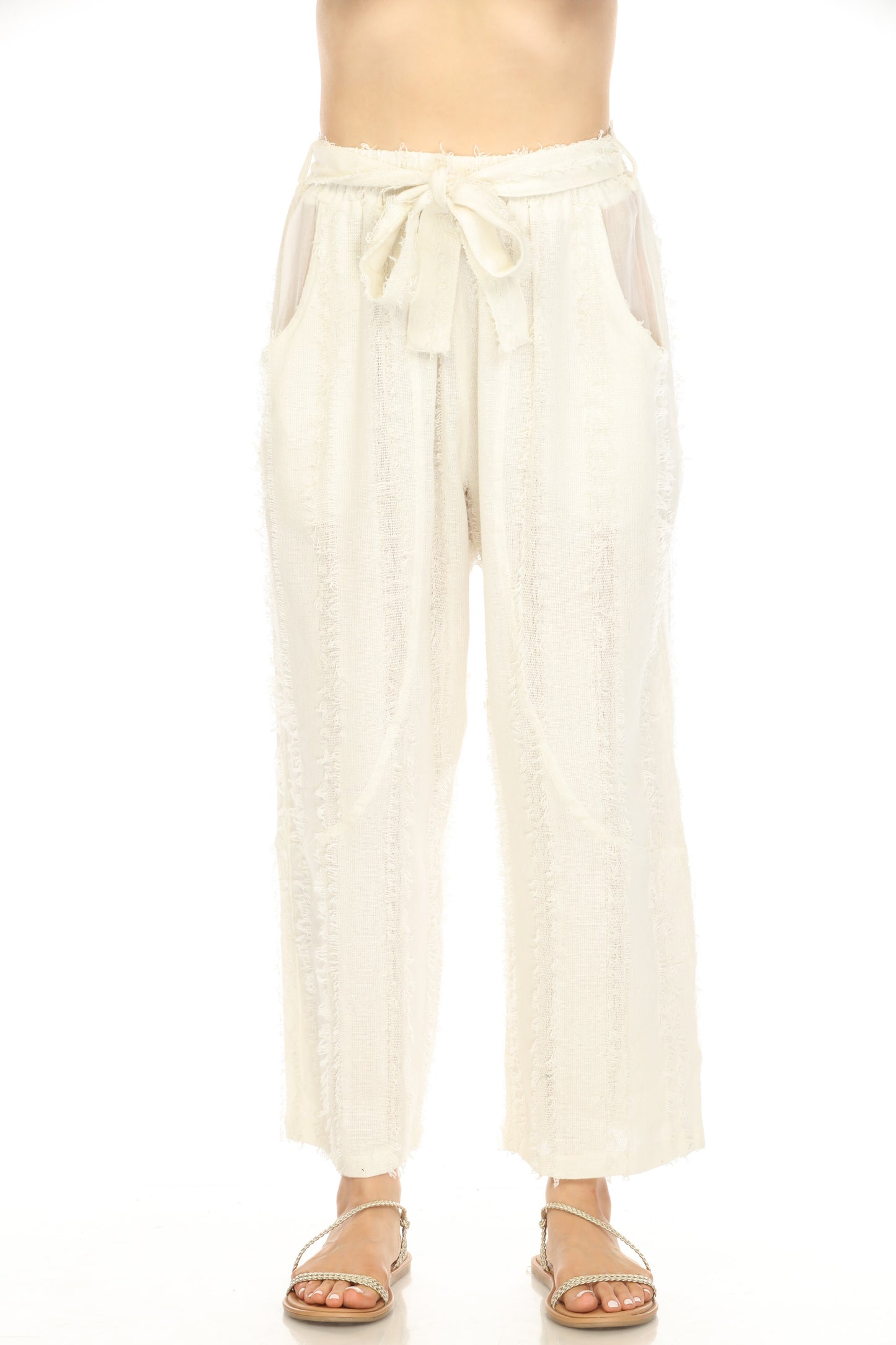 Off White Fringe Pockets Pant With Belt
