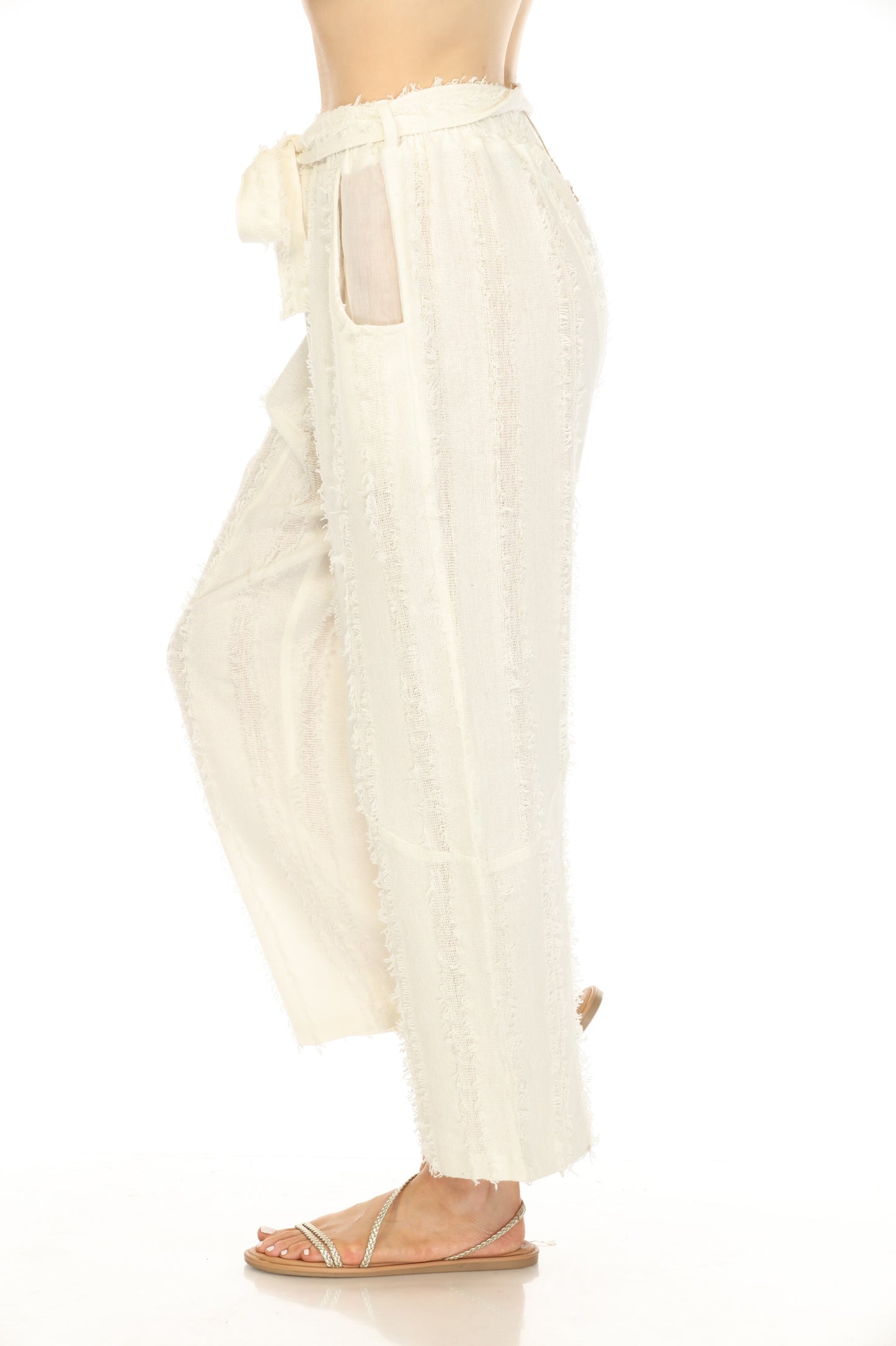 Off White Fringe Pockets Pant With Belt