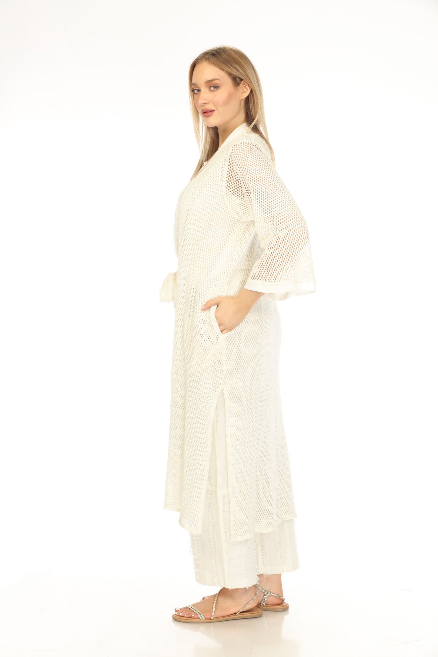 Off White  Crochet Cardigan With Pockets