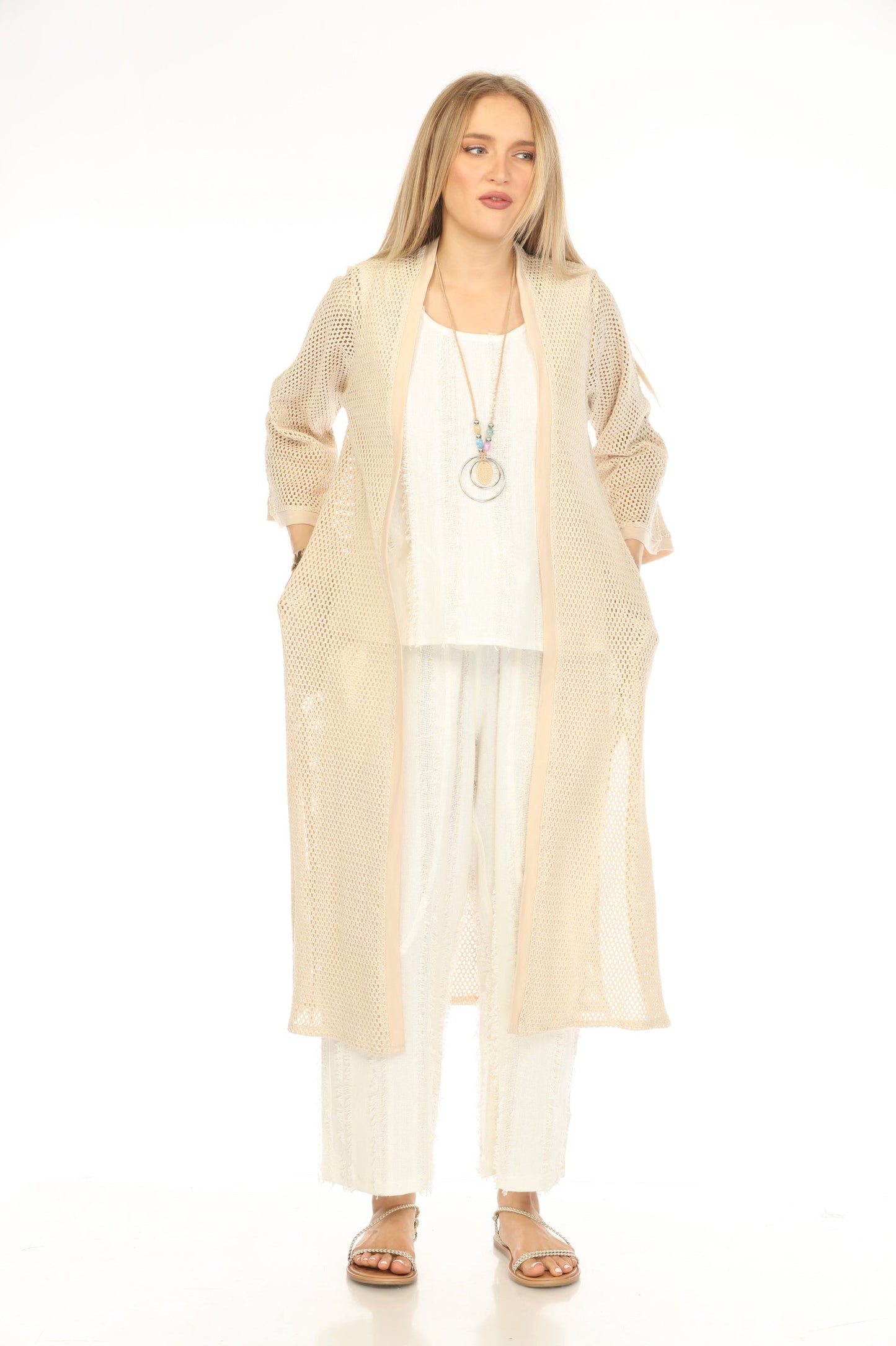 Beige Crochet Cardigan With Pockets