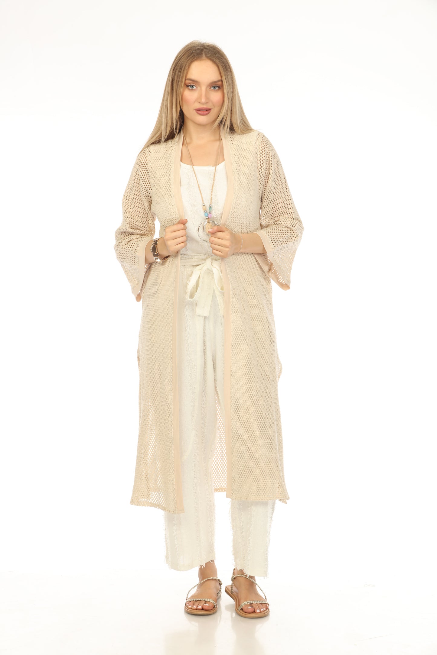 Beige Crochet Cardigan With Pockets