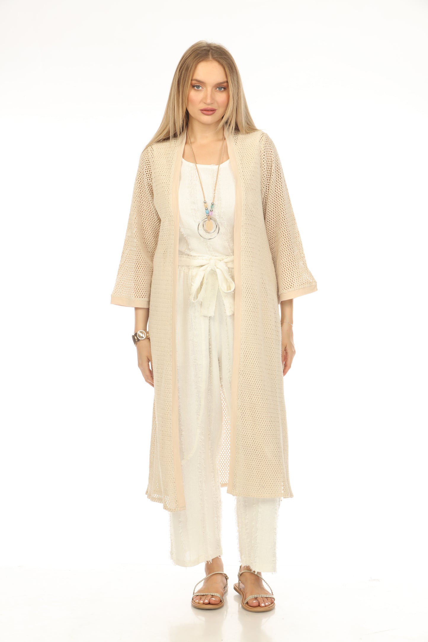 Beige Crochet Cardigan With Pockets