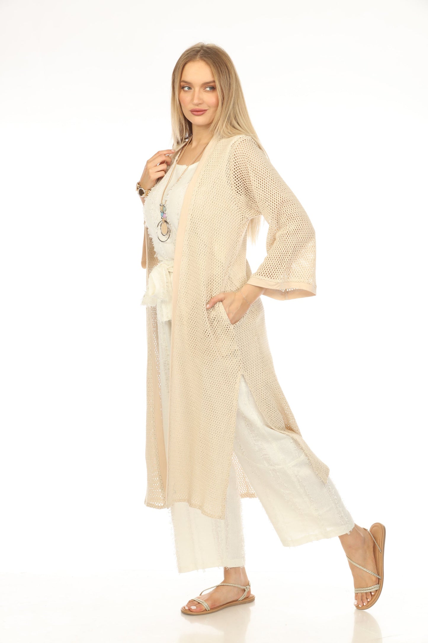 Beige Crochet Cardigan With Pockets