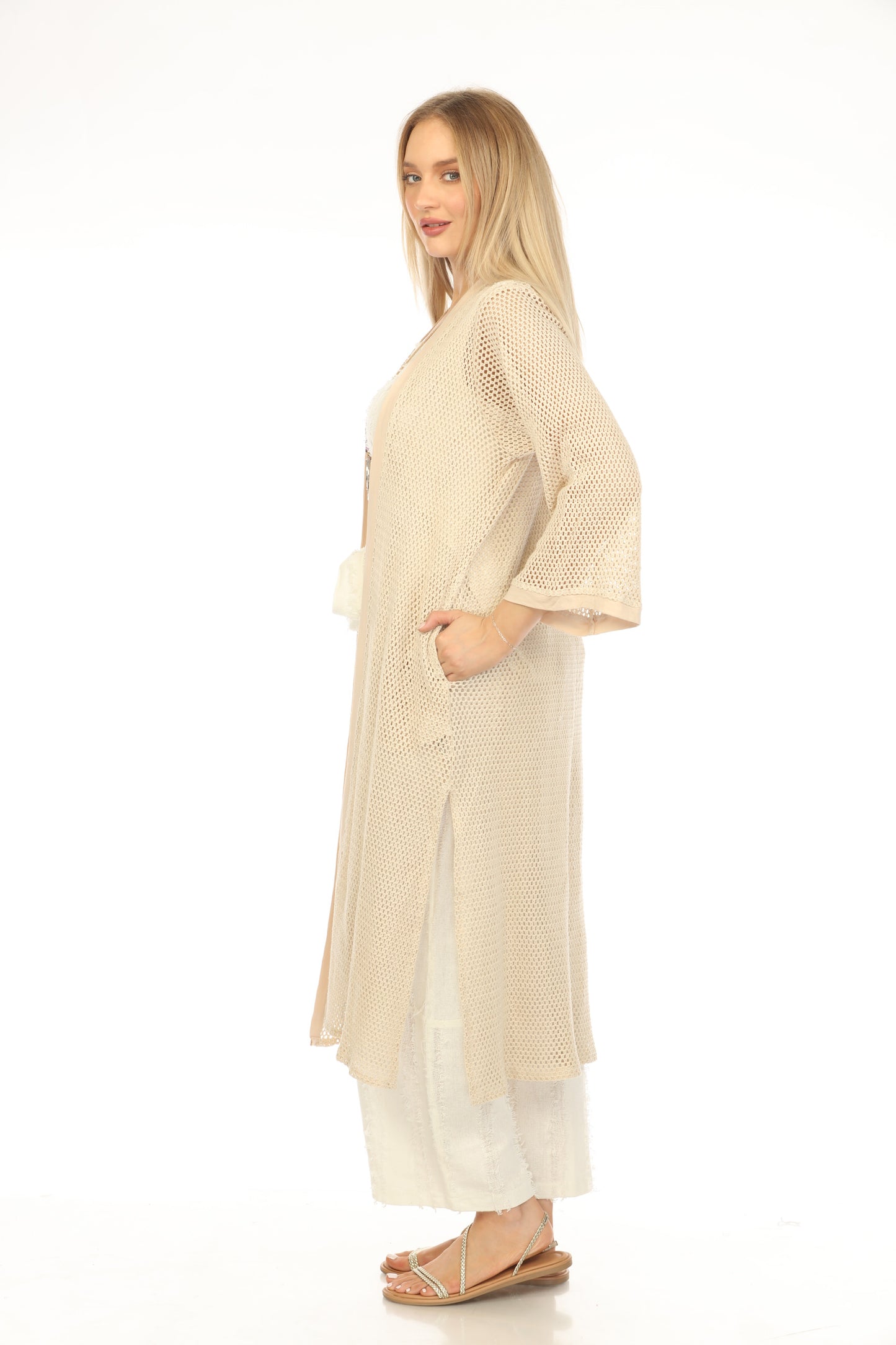 Beige Crochet Cardigan With Pockets