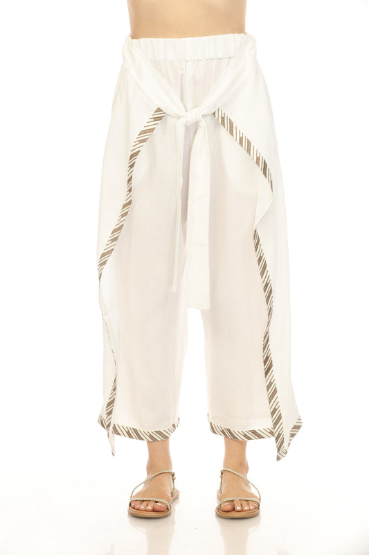Off White Embroidered  Flap Style Tie Pant