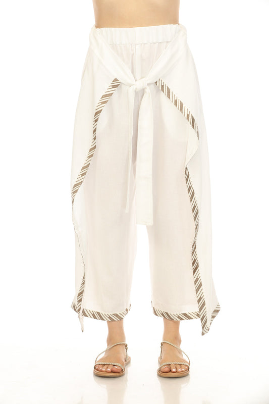 Off White Embroidered  Flap Style Tie Pant