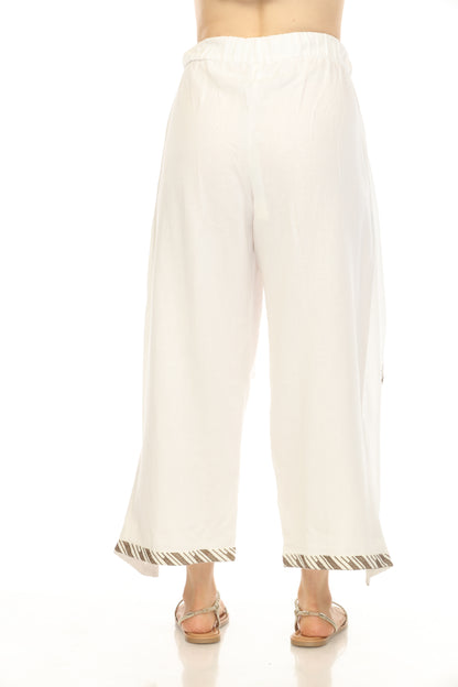 Off White Embroidered  Flap Style Tie Pant