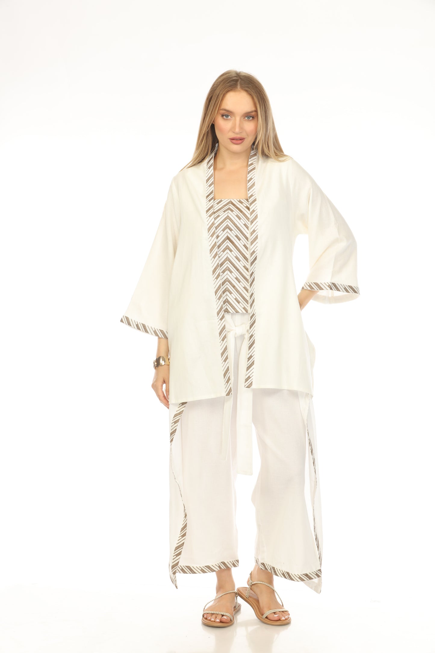 Cream Embroidered Strips open front Cover Up