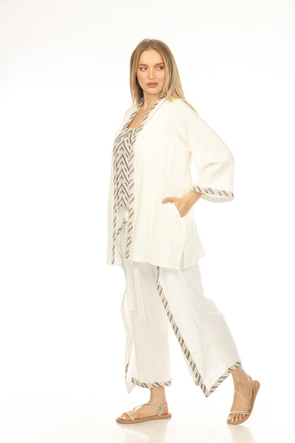 Cream Embroidered Strips open front Cover Up