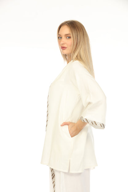 Cream Embroidered Strips open front Cover Up
