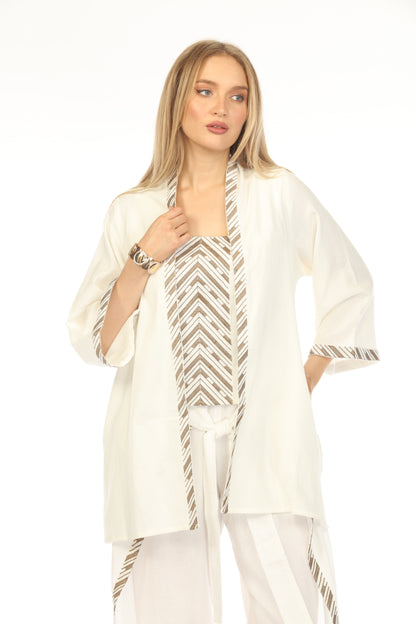 Cream Embroidered Strips open front Cover Up