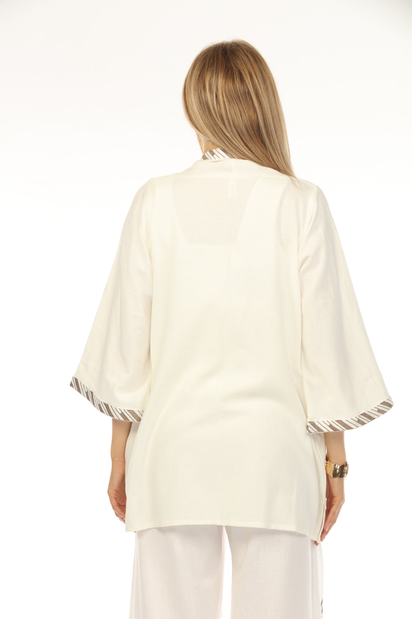 Cream Embroidered Strips open front Cover Up