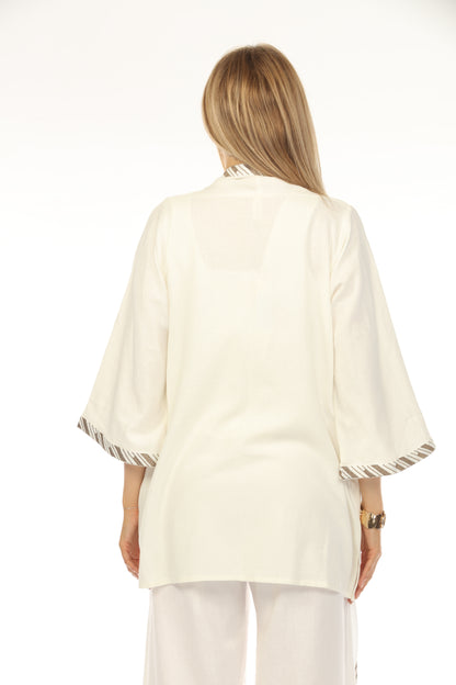 Cream Embroidered Strips open front Cover Up