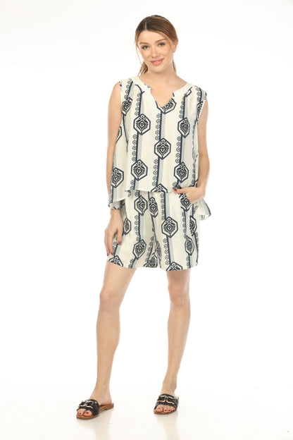 White Navy Hexagon Print 2 Pieces Shorts Set