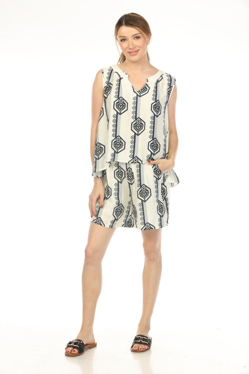 White Navy Hexagon Print 2 Pieces Shorts Set