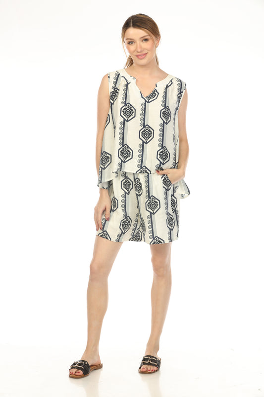 White Navy Hexagon Print 2 Pieces Shorts Set