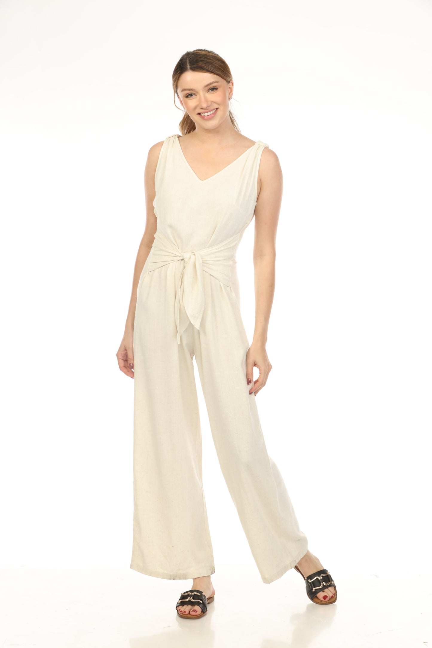 Ivory Tie Front Zipper Back Jump Suit