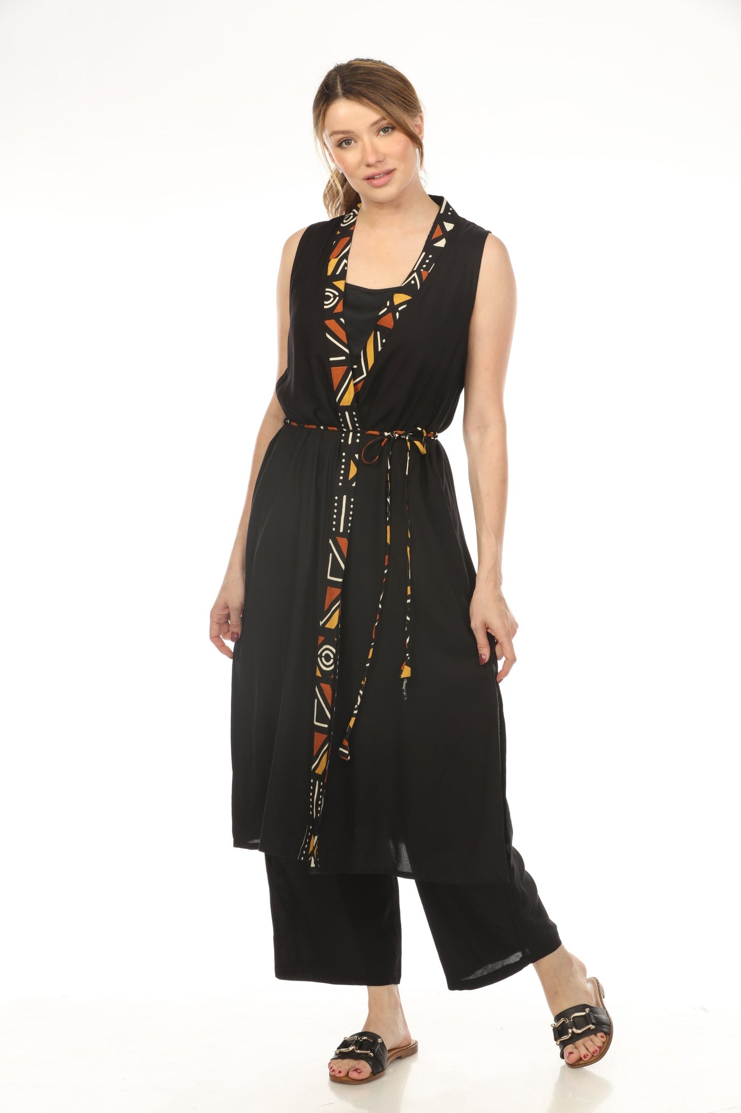 Black Geometrical Border Pocket Kimono