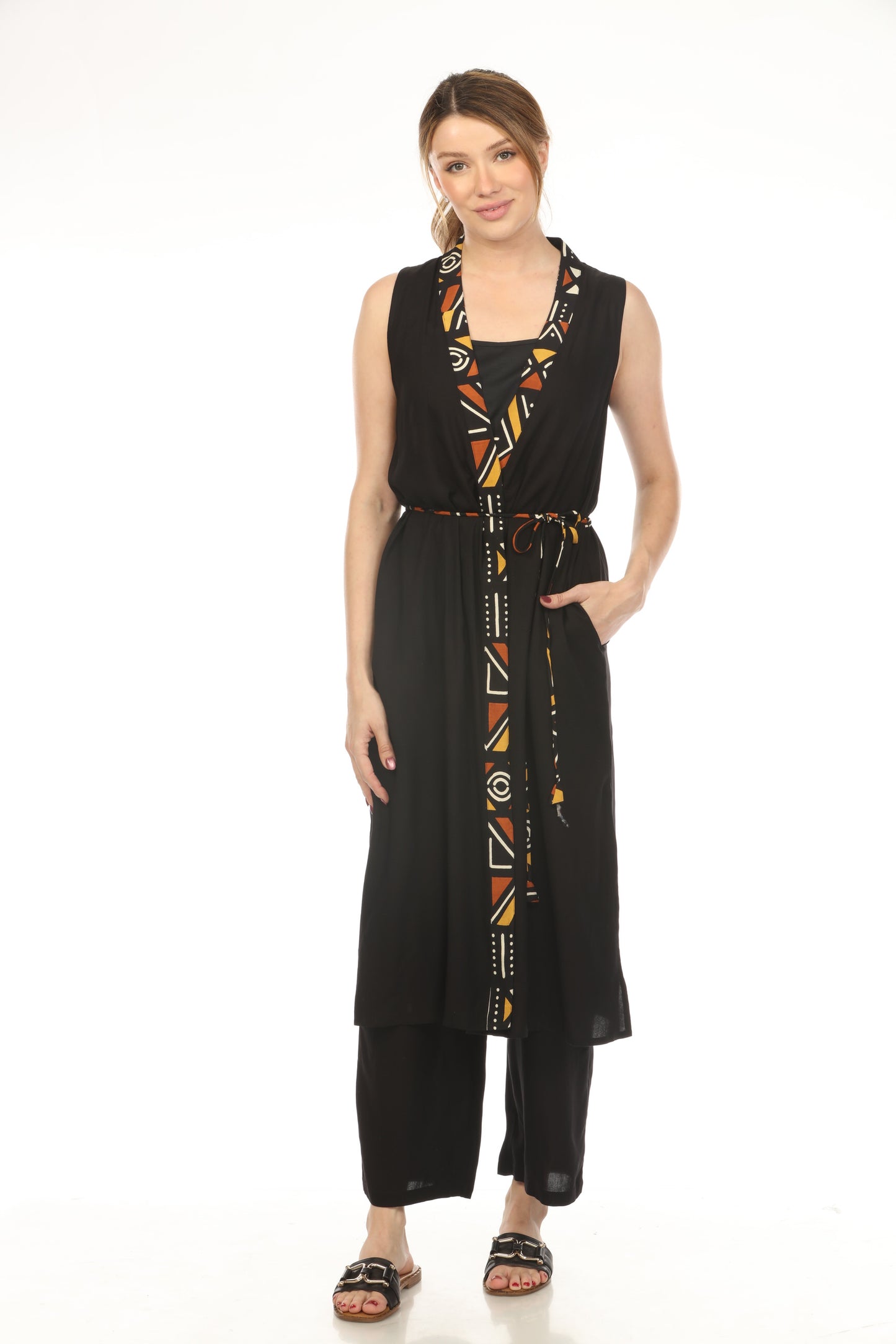 Black Geometrical Border Pocket Kimono