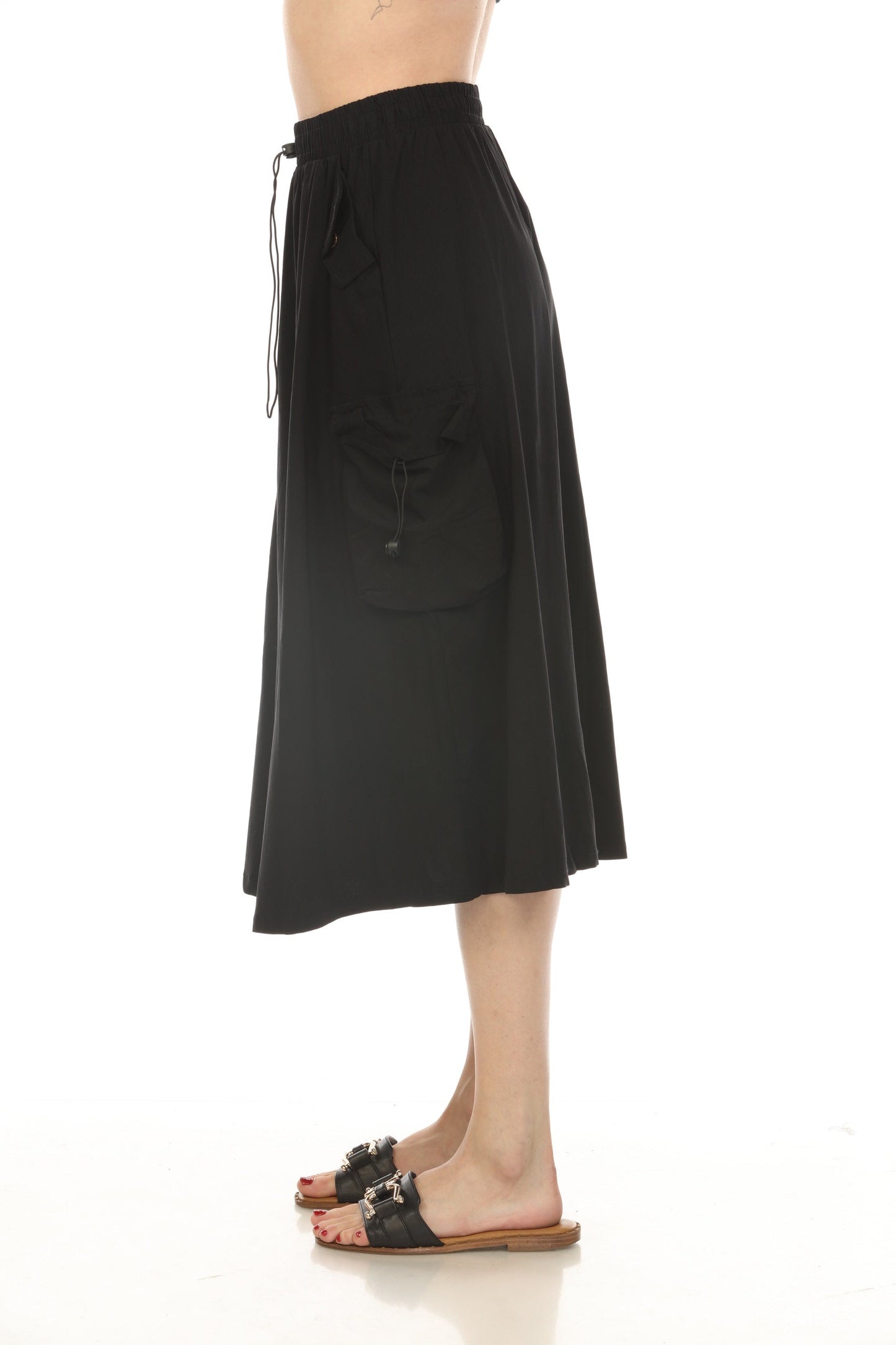 Black Cargo Elastic Waist Pockets Skirt