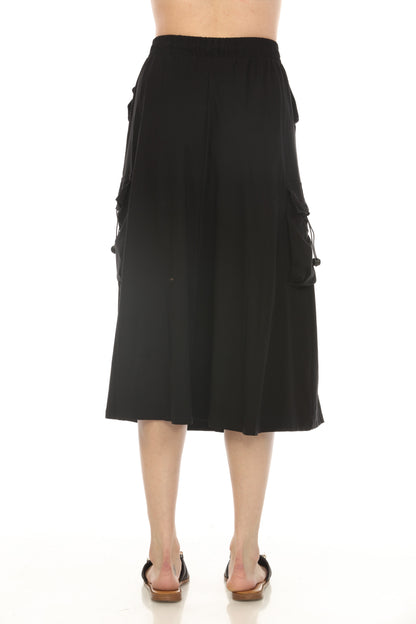 Black Cargo Elastic Waist Pockets Skirt