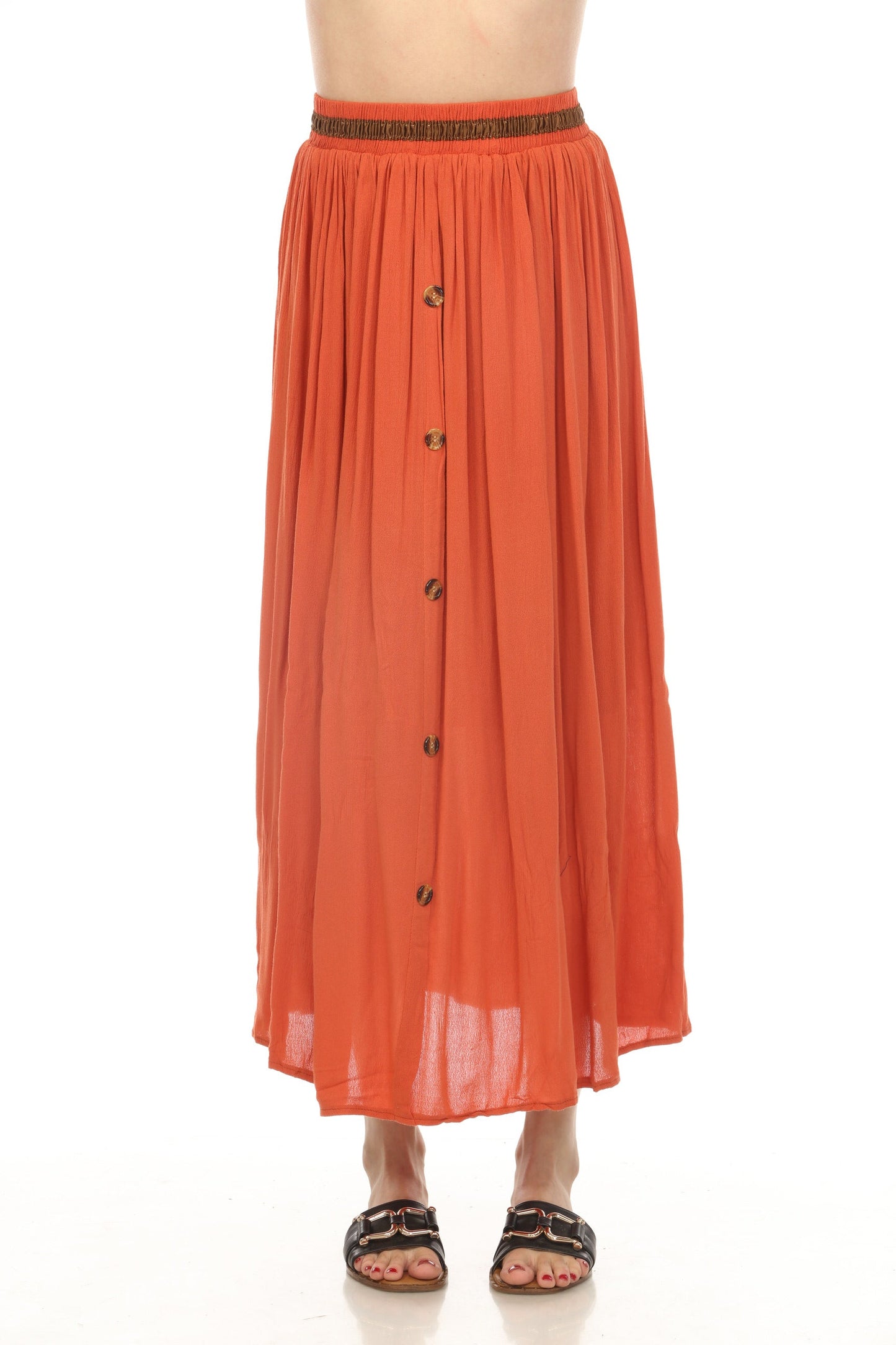 Rust Button Detailed Elastic Waist Skirt