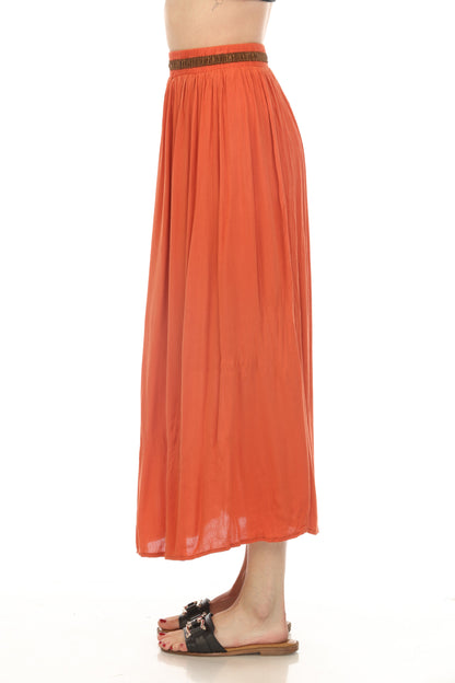 Rust Button Detailed Elastic Waist Skirt