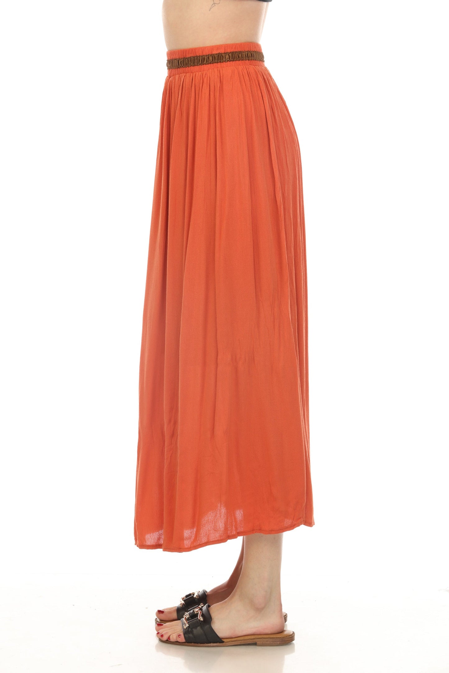 Rust Button Detailed Elastic Waist Skirt