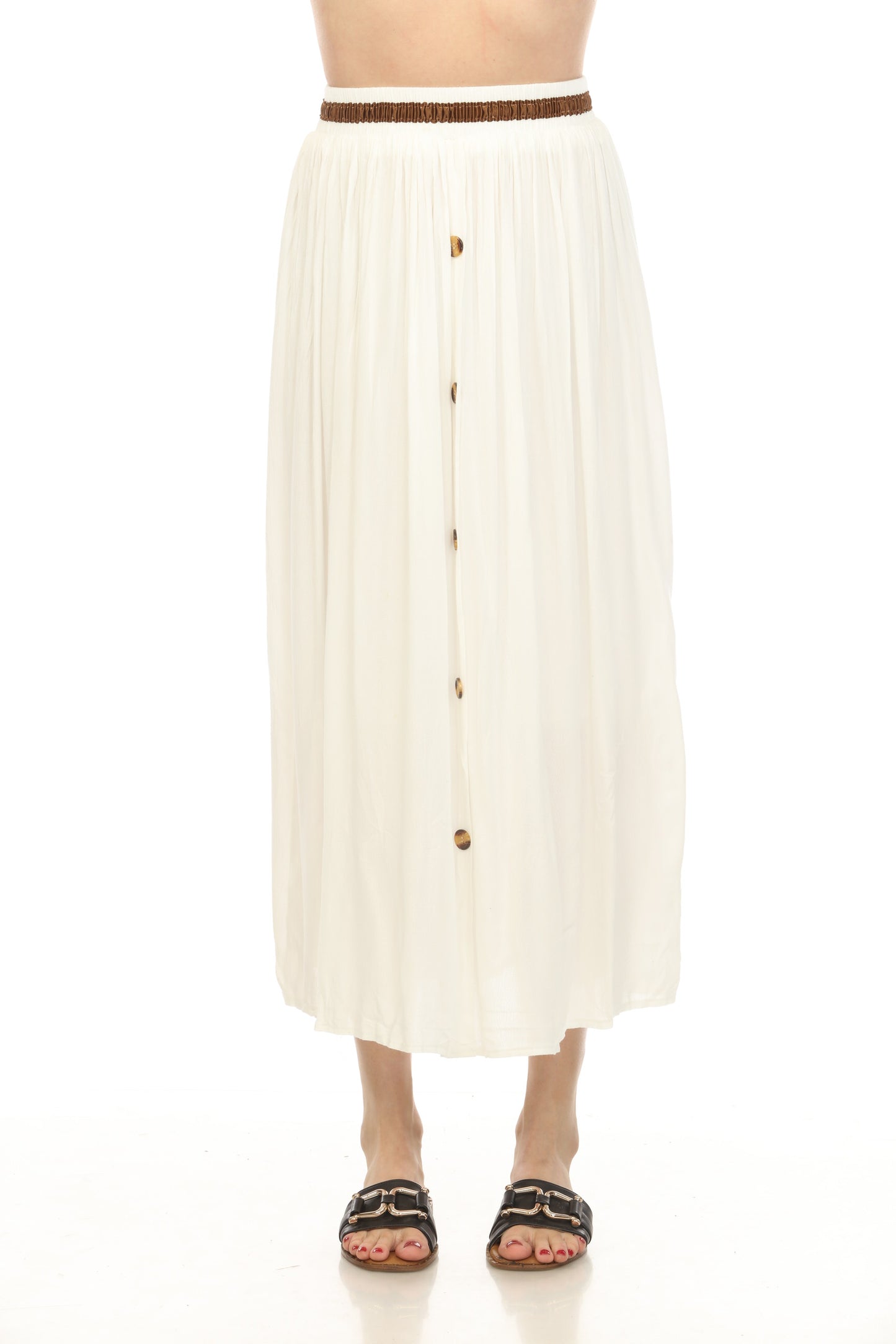 White Button Detailed Elastic Waist Skirt