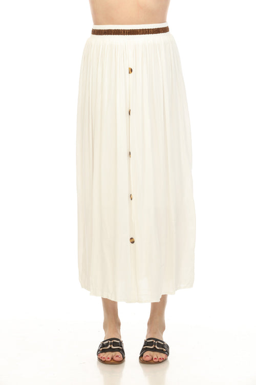 White Button Detailed Elastic Waist Skirt